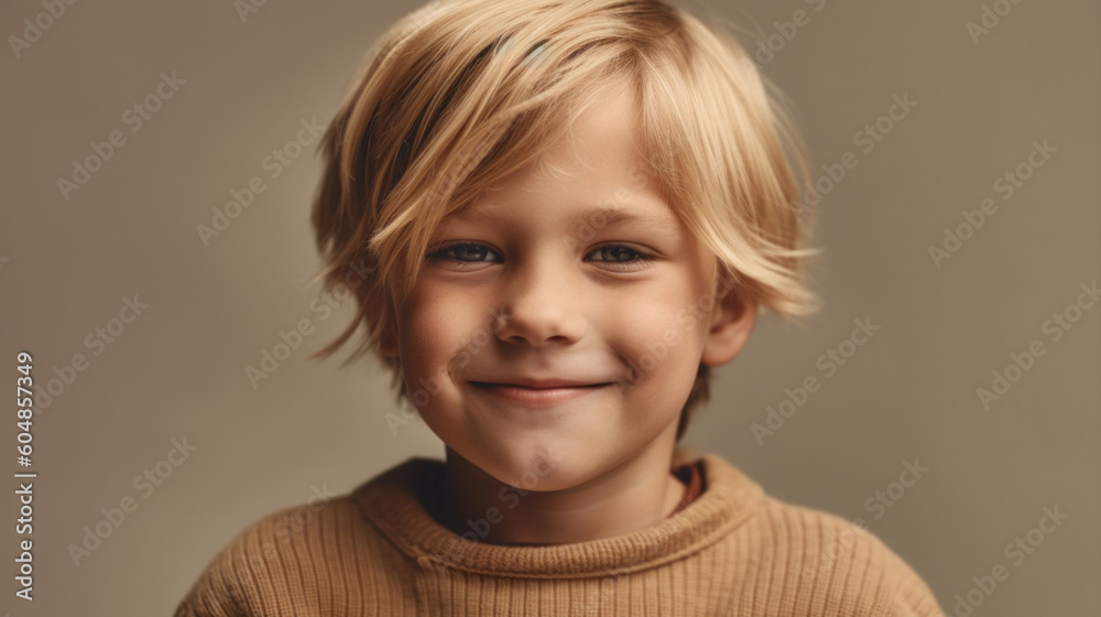 A charming little blond boy graces a beige studio background with his bright smile. Generative AI A charming little blond boy graces a beige studio background with his bright smile. Generative AI
