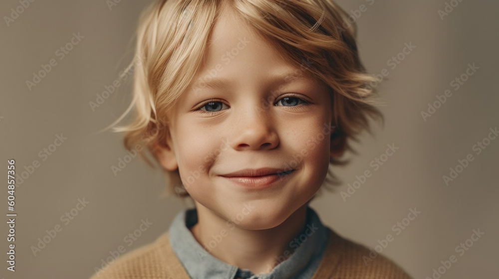 A cute blond boy radiates joy, his smile complementing the beige backdrop. Generative AI A cute blond boy radiates joy, his smile complementing the beige backdrop. Generative AI