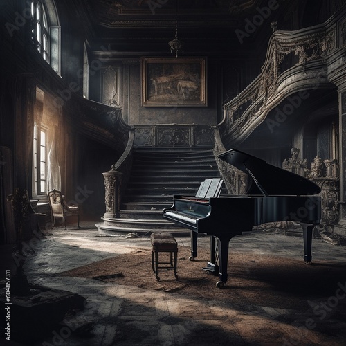 A grand piano that stands in the lobby of an old abandoned mansion. High quality illustration Generative AI