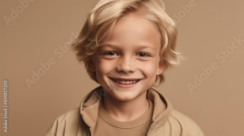 A charming blond little boy posing with a smile on a beige backdrop. Generative AI