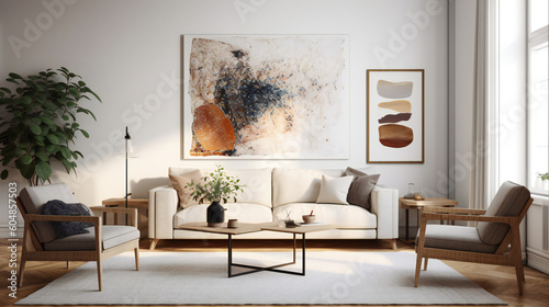 Stylish Living Room Interior with an Abstract Frame Poster, Modern interior design, 3D render, 3D illustration
