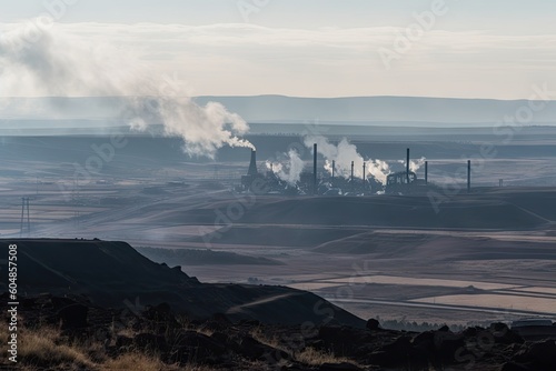 coalfields stretching across the horizon with smoke billowing from the stacks of mining operations, created with generative ai photo