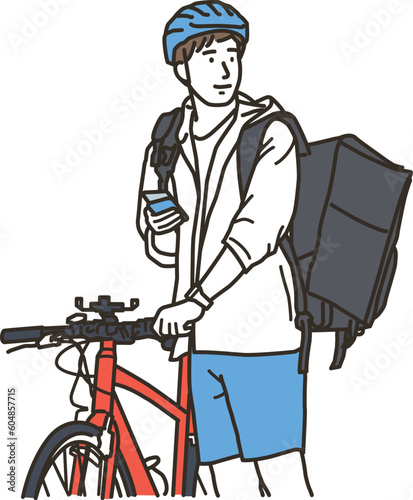 スマホを持つ自転車でデリバリーする男性
