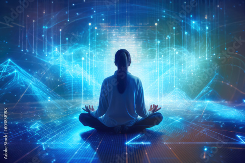 A woman meditating with her back turned to us surrounded with holographic code, concept image illustrating the merging of human consciousness and digital information photo