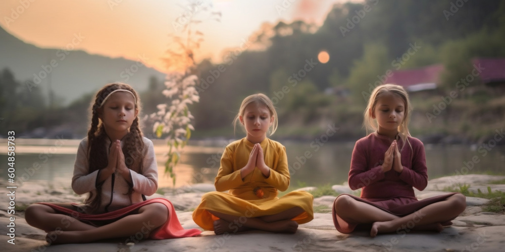 Group of children doing meditation yoga asana, sit on the banks of the Ganges river in India. Kids practicing yoga early in the morning, training yoga together. International yoga day. AI Generative Group of children doing meditation yoga asana, sit on the banks of the Ganges river in India. Kids practicing yoga early in the morning, training yoga together. International yoga day. AI Generative