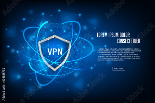 Vector Shield with vpn and world map. Security cyber shield concept. Virtual private network.