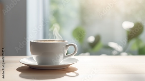 A cup of coffee sits on a table next to a window with a green plant in the background., generative ai 