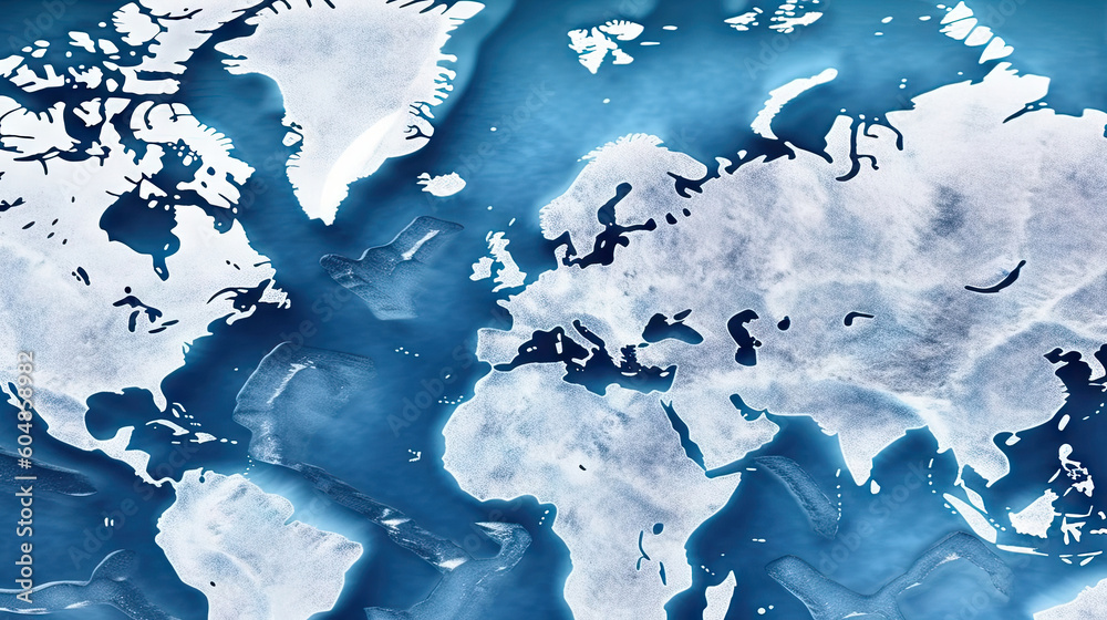 World map ice age background. Generative AI.