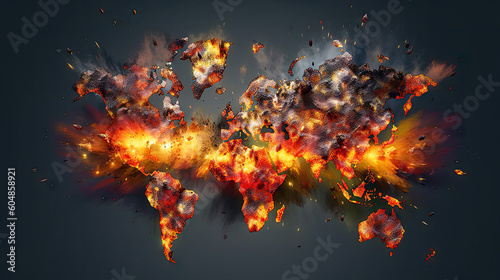 World map armageddon explosions background. Generative AI.