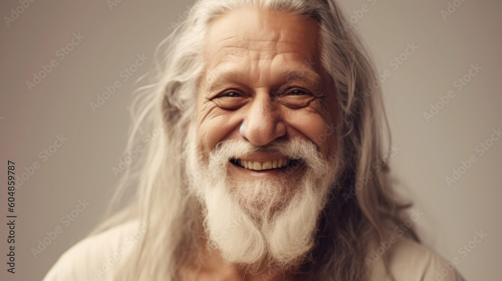 A confident senior man in neutral clothes smiles against a beige studio backdrop. Generative AI A confident senior man in neutral clothes smiles against a beige studio backdrop. Generative AI