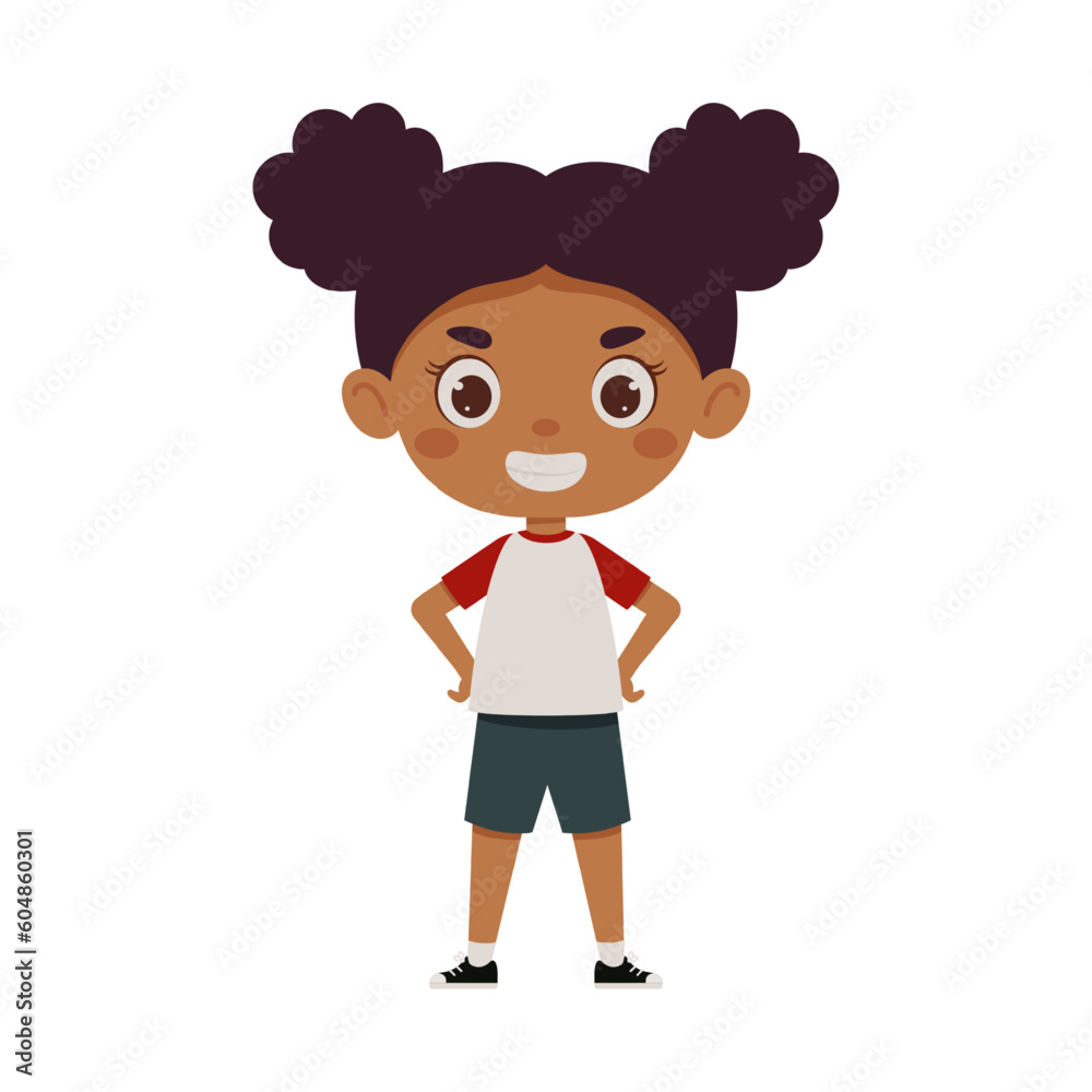 Obraz premium Cute little kid happy girl smile. Cartoon schoolgirl character show facial expression. Vector illustration