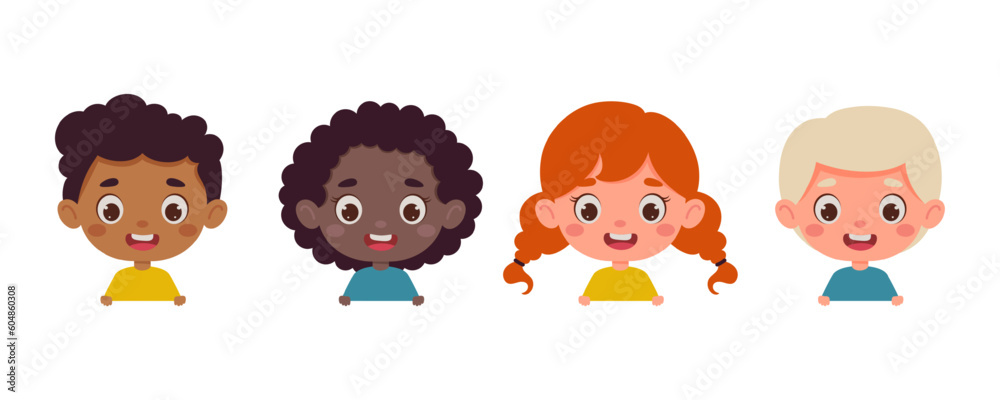 Set of multicultural kid boy and girl heads. Children peeking out. Cartoon child characters. Vector illustration Set of multicultural kid boy and girl heads. Children peeking out. Cartoon child characters. Vector illustration