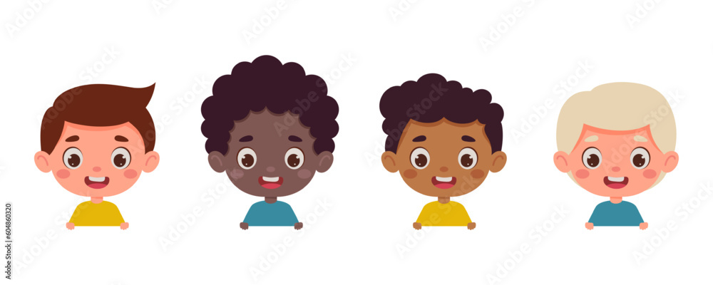 Set of multicultural kid boy heads. Children peeking out. Cartoon child characters. Vector illustration Set of multicultural kid boy heads. Children peeking out. Cartoon child characters. Vector illustration