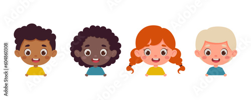 Set of multicultural kid boy and girl heads. Children peeking out. Cartoon child characters. Vector illustration