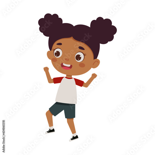 Cute little kid happy girl jump. Cartoon schoolgirl character show facial expression. Vector illustration