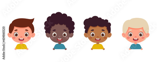 Set of multicultural kid boy heads. Children peeking out. Cartoon child characters. Vector illustration