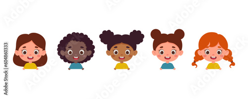 Set of multicultural kid girl heads. Children peeking out. Cartoon child characters. Vector illustration