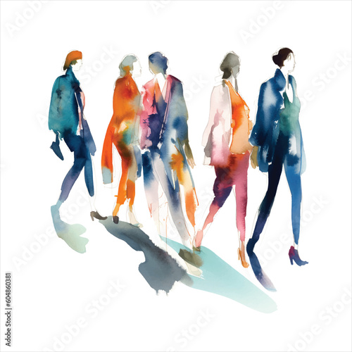 Vector illustration watercolor fashion sketch group of people in full growth go