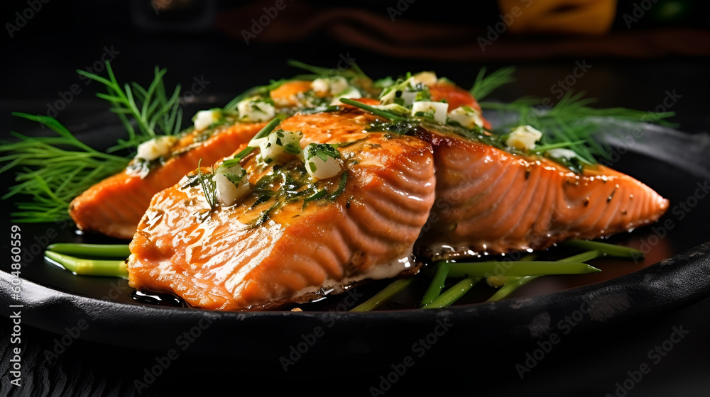 Generative AI, Baked salmon with green herbs served on dark plate Generative AI, Baked salmon with green herbs served on dark plate