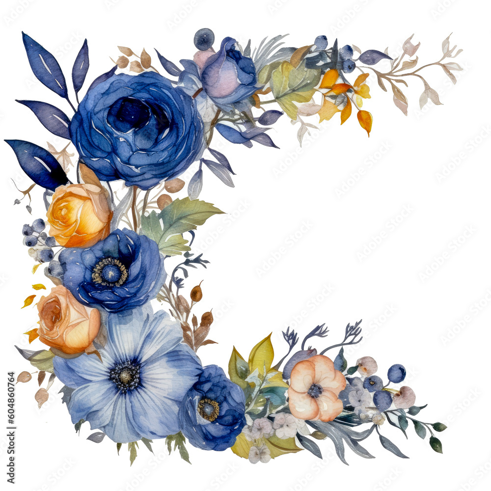 Watercolor Navy Floral Border Clipart with Transparent Background ...