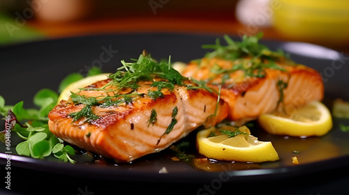 Generative AI, Baked salmon with green herbs served on dark plate
