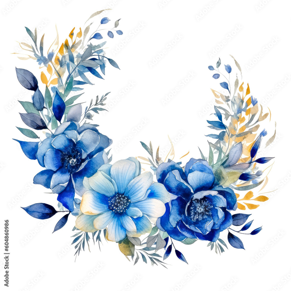 Watercolor Navy Floral Border Clipart with Transparent Background ...