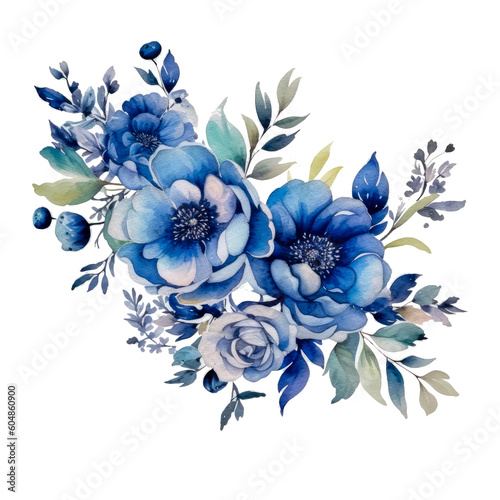 Watercolor Navy Floral Border Clipart with Transparent Background Illustration, Flowers, Botanical AI generated
