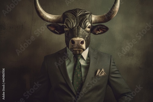 An image of a bull wearing a suit and tie  an elegant animal representing a businessman. Generative AI