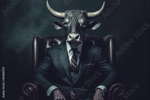 An image of a bull wearing a suit and tie, an elegant animal representing a businessman. Generative AI © Gelpi