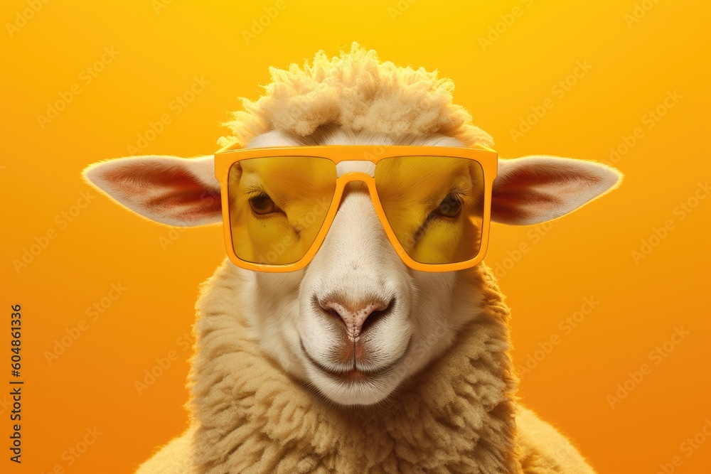 Obraz premium A funny sheep head with sunglasses on a sunny yellow background, ideal for summer-themed representations. Generative AI
