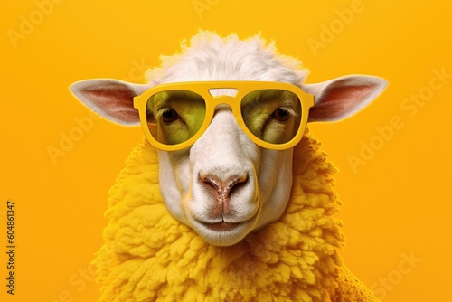 A funny sheep head with sunglasses on a sunny yellow background, ideal for summer-themed representations. Generative AI © Gelpi