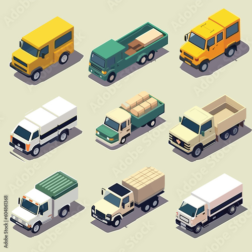 Cargo vehicles isometric vector set isolated