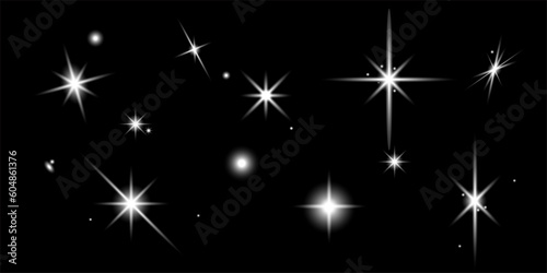 high res bling star icons. Vector illustration silver light flare effect, stars and sparkles isolated on transparent background. Flash light design elements for retrofuturistic, brutalist cool poster 