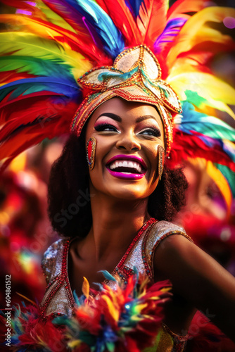 In a sea of blurred faces, a woman in a vibrant feathered suit stands radiant. Her lively smile is a testament to the carnival's exuberant spirit. Generative AI