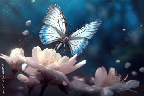 A beautiful photo of a lovely butterfly perched on a flower, an idyllic and stunning illustration. Generative AI