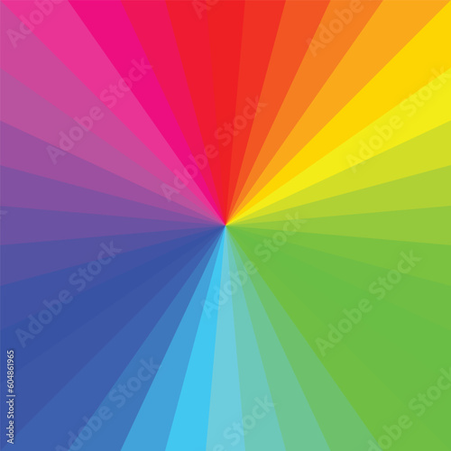 Rainbow rays radial square background. Vector