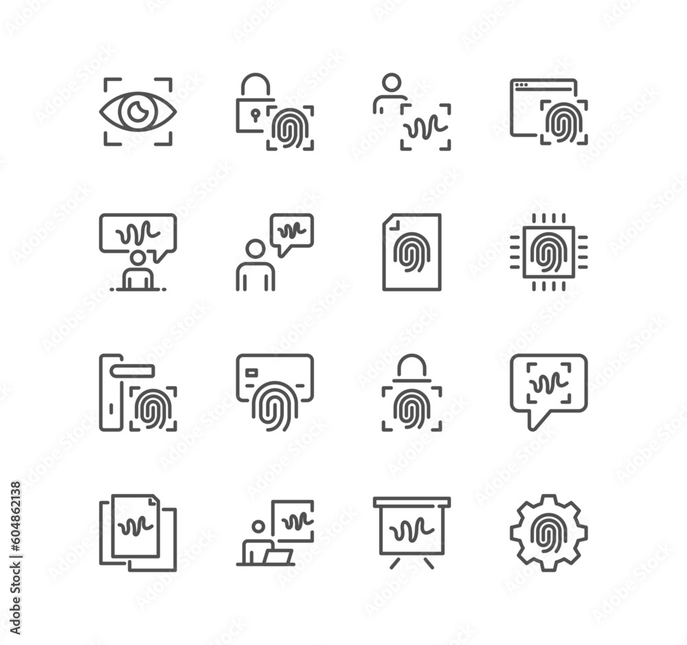 Set of biometric related icons, voice recognition, fingerprint, door lock, key and linear variety vectors.