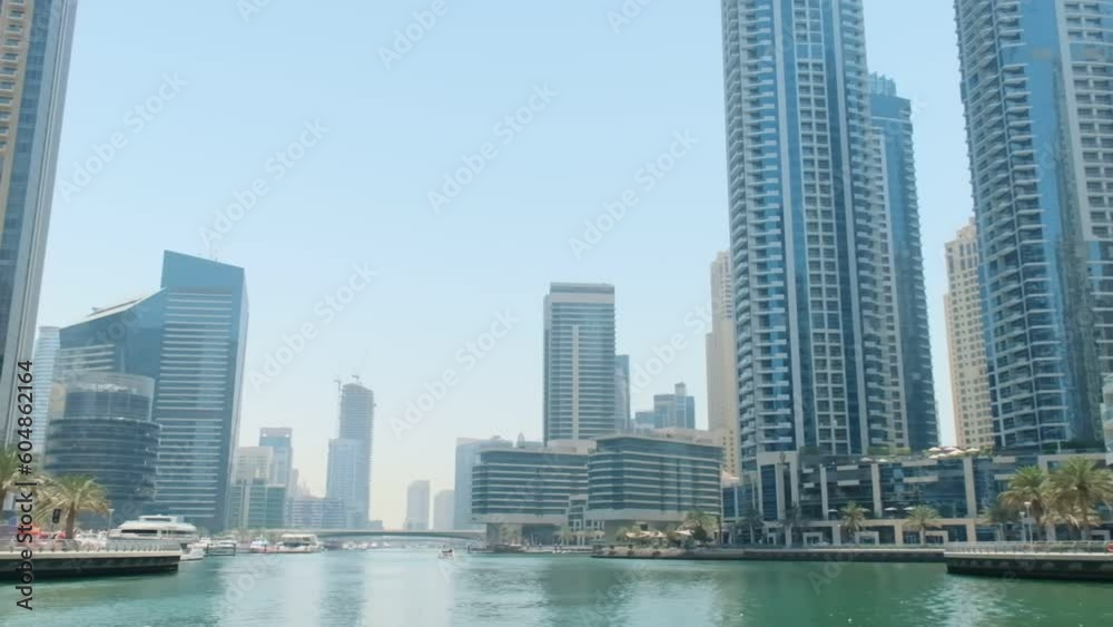 Panoramic view of the skyscrapers of Dubai from a private boat Panoramic view of the skyscrapers of Dubai from a private boat