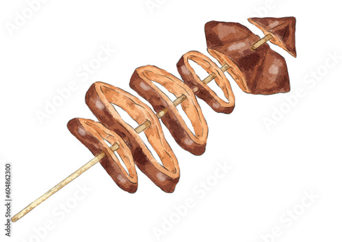 カットされたイカ焼きのイラスト（水彩風）