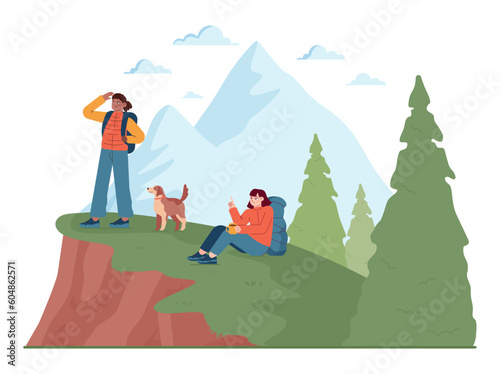 Outdoor camping and hiking. Characters with backpacks spending