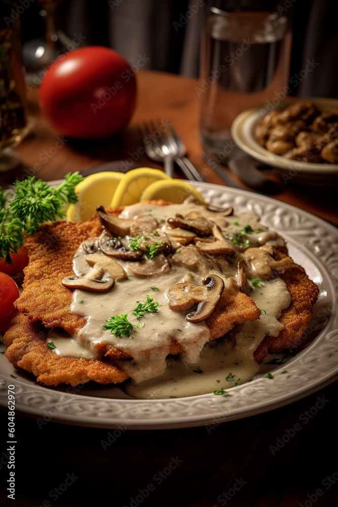 Delicious Hunter's Schnitzel. Breaded Pork Cutlets with Mushroom Gravy, lemon slices, and veggies. Abstract art. Generative AI