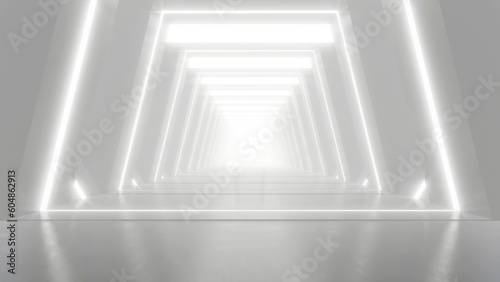 Abstract white futuristic geometric tunnel, architecture design concept, 3d rendering.
