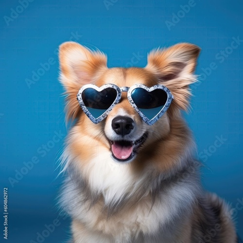 Dog With Heart Shaped Sunglasses Blue Background. Generative AI © Ян Заболотний