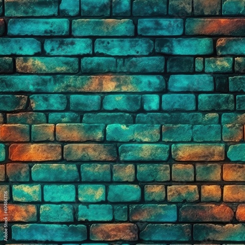 Turquoise Luminescence Beautiful Brick Wall Texture Tile Seamless Background. Generative AI photo