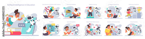 AI in children education set. Little school kid gaining knowledge