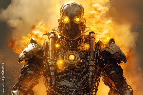 Gold Steampunk Cyborg On Smoke Steam Sparks Background. Generative AI