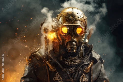 Gold Steampunk Cyborg On Smoke Steam Sparks Background. Generative AI photo