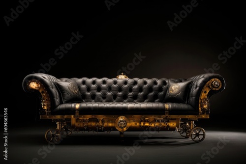 Gold Steampunk Sofa On Black Background. Generative AI