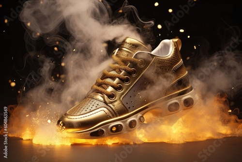 Gold Steampunk Trainer On Smoke Steam Sparks Background. Generative AI photo