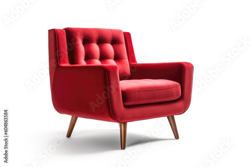 Threequarter View Ruby Red Mid Century Modern Armchair On White Background. Generative AI